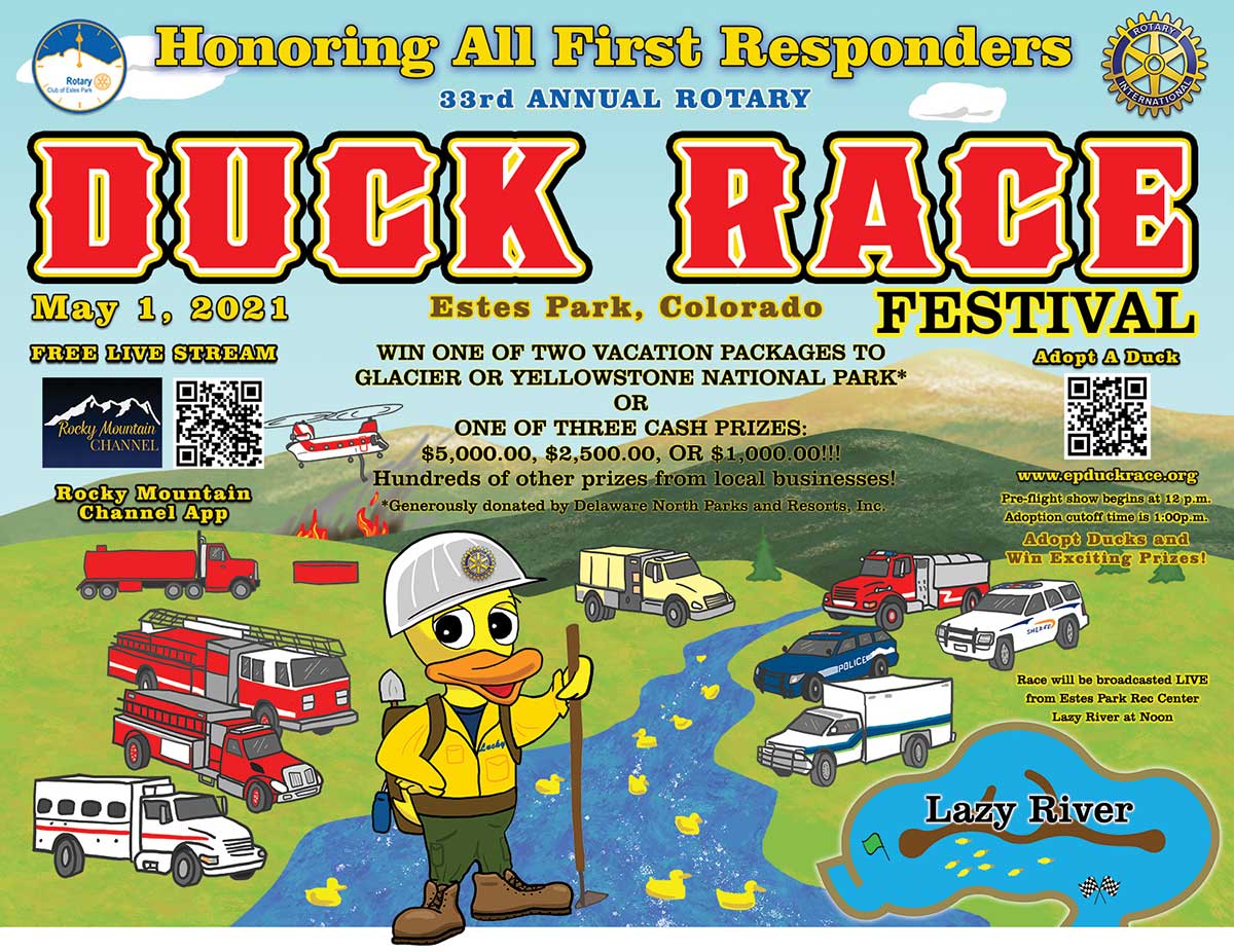 Estes Park Rotary Duck Race Festival Adopt Ducks. Help Charity. Win